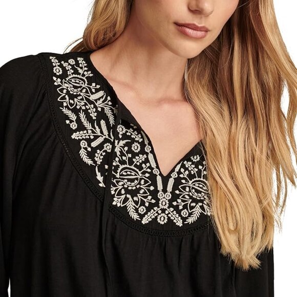 NWT Lucky Brand Women's Contrast Embroidered Peasant Top, Caviar SZ XXL - Picture 4 of 8